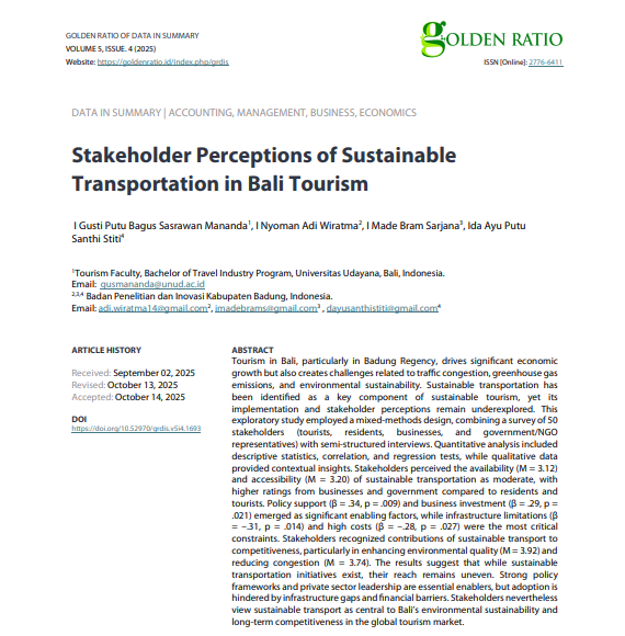Stakeholder Perceptions of Sustainable Transportation in Bali Tourism